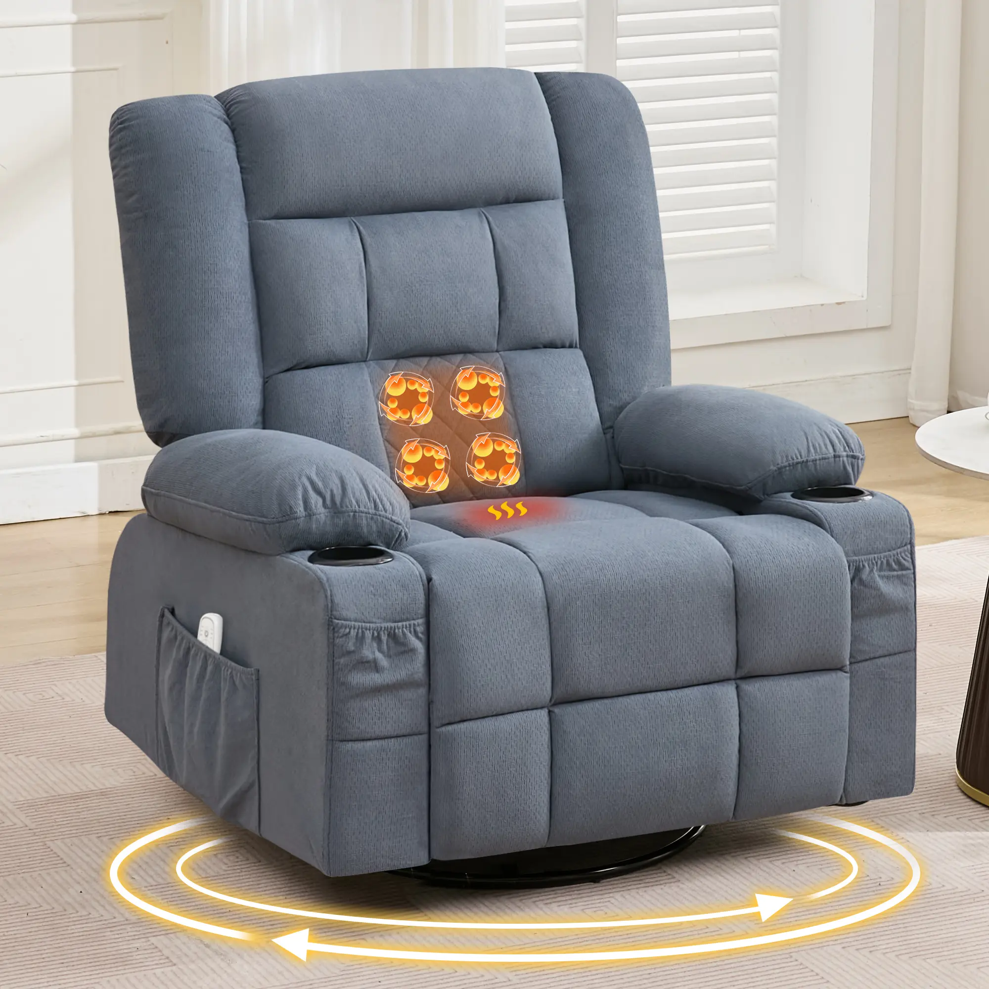 Jonpony Oversized Massage Swivel Recliner Chair - 4-Point 3D Kneading Relief, Heat, Rocking Function, 2 Cup Holders Ready, USB Charging Port - Massage Recliner Living Room Furniture Bundle, Reclining Living Room Furniture