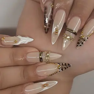 Luxury Nude French Tip Press On Nails Gold Chrome & Zebra Design, Viral Nail Inspo