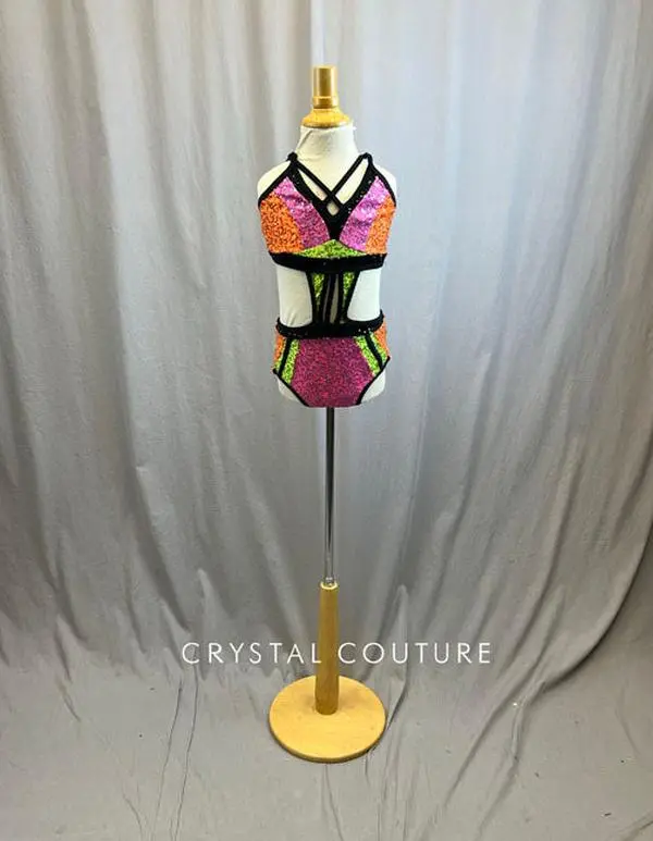 Black/Pink/Orange/Green Zsa Zsa Color Block Strappy Leotard with Cutouts
