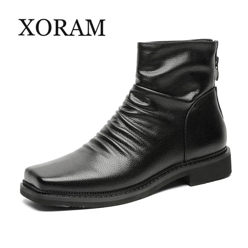XORAM Men's Square-toed pleated Chelsea boots, stylish zip-up short boots, vintage work boots with a high-end feel 66595-K