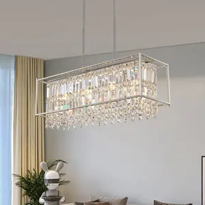 Modern Rectangular Chrome Crystal Chandelier, 31.5 x 10.8 Inches in Diameter, Adjustable Height，4-Lights