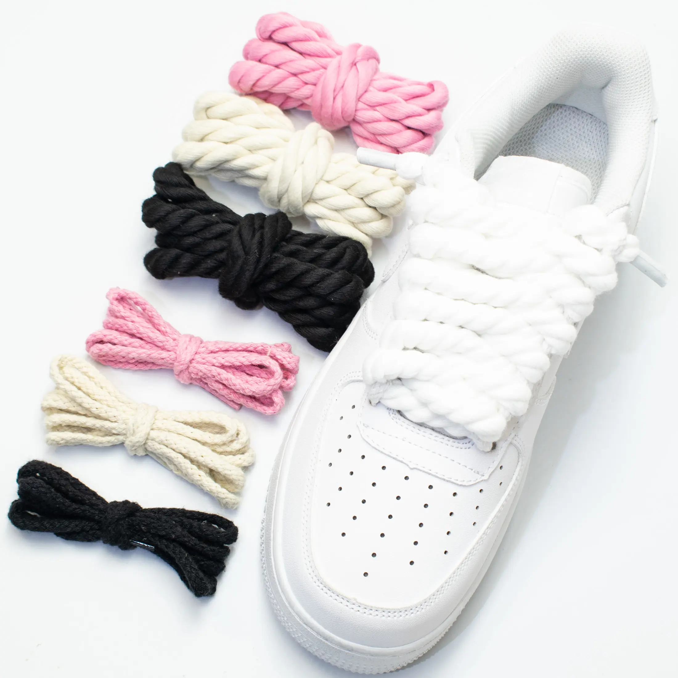 Two pairs of round 8mm/5mm solid color handmade woven cotton rope thick shoelaces Two pairs of round 8mm/5mm solid color handmade woven cotton rope thick shoelaces