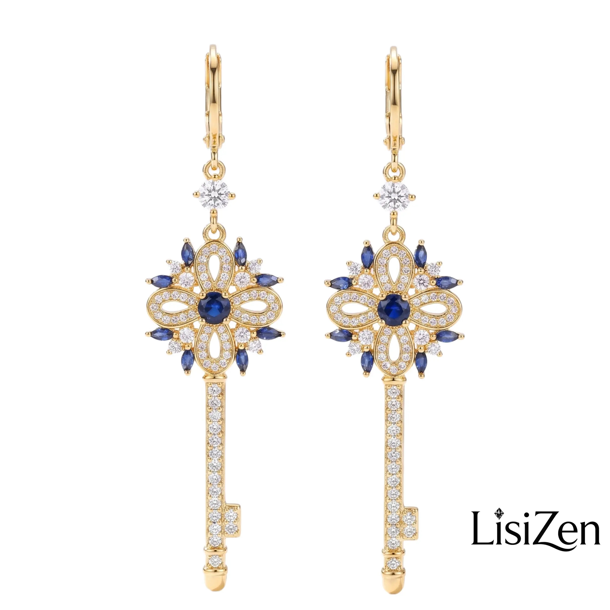LisiZen Euro-American sparkling key pendant with inlaid amethyst, full diamond, gold-plated pure silver earrings DZEH5906