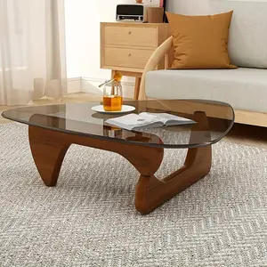 Mid-Century Modern Abstract Triangular Glass Coffee Table with Faux Wood Base - Tempered Glass Top, Walnut Wood Veneer, Compact 32.2x22.4x16inch Suitable for Living Room, Study Room, Office, Hotel, Balcony, Balcony Coffee Table |   Vintage Aesthetic