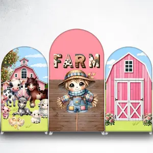 15-day DeliveryCute Farm Animals and Pink Barn Arch Backdrop Cover for Barnyard Theme Party Decor