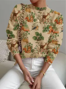 Women's Animal Print Stand Collar Knitted Sweater, Fall Winter Casual Long Sleeve Knitwear, Comfortable Warm Fitted Top for Daily Wear, Womenswear