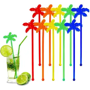 50 Pcs Fun Plastic Tropical Palm Tree Shaped Cocktail Swizzle Sticks Ice Drink Stirrers for Cocktails Juices Chocolate Milk