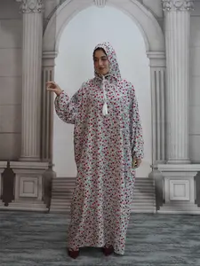 Middle East Fall Winter Hooded Drawstring Plus Size Fashion Floral Dress, Muslim Dress, Modest Muslim Outfits, Loose Fit Long Lantern Sleeves, Modest Casual Wear