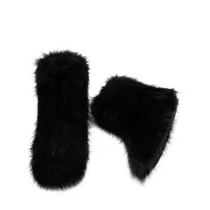 Women's Faux Fur Leather Boots Furry Snow Boots Calf Boots Warm Flat Bottom Sole Fur Lining Fashion Winter Boots Furry Chic Fantasy Boots Women's Dress Shoes Autumn Boots Winter Boots Women's Boots.