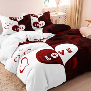 3pcs Split Color Love Heart Rose Flower Print Duvet Cover Set, Couple Bedding Set, Floral Bedding Sets, For Family Bedrooms Dormitories Hotels (1 Duvet Cover + 2 Pillowcases No Comforter No Pillow)