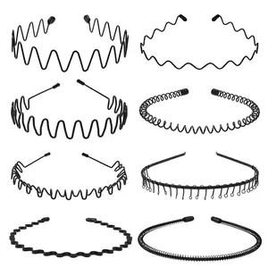 Metal Headband for Men, Unisex Black Wavy Spring Hair Band, Zig Zag Hair Band, Fashion Elastic Hair Accessories, Multipack Options .(8pcs)