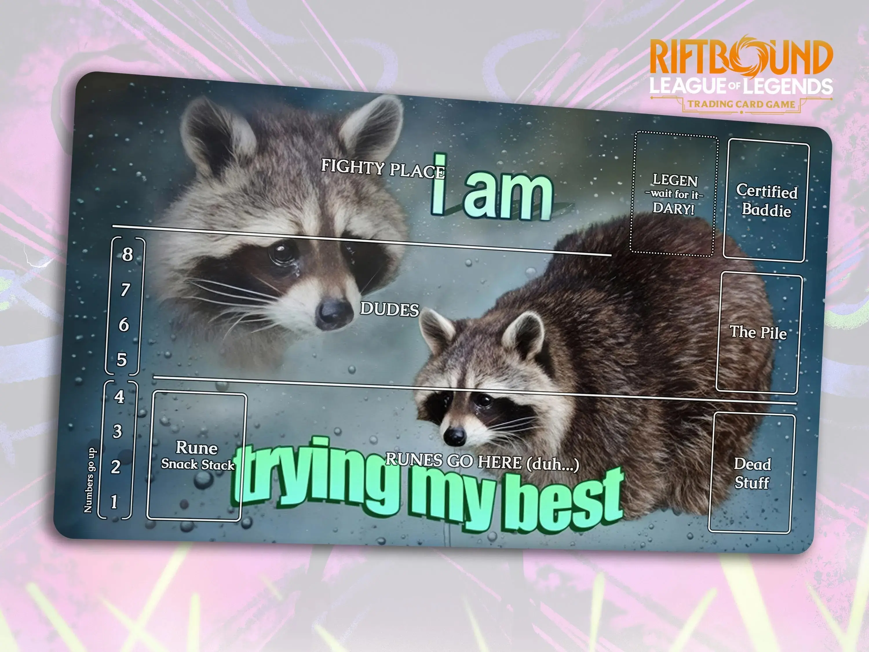 Funny Riftbound Playmat: I am trying my best Stitched Edges, Extra Thick Funny Riftbound Playmat: I am trying my best Stitched Edges, Extra Thick