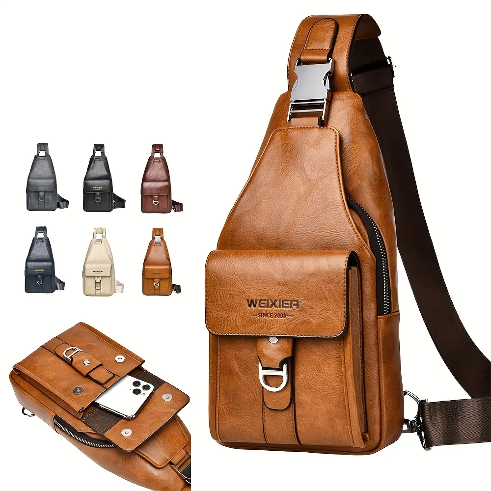 WEIXIER Men's Casual Plain Retro Sport PU Leather Fanny Pack - Everyday Beltpack, Bum Bag, Multi-Function Waist Pack with Buckle, Multiple Compartments, High-Capacity Splashproof Portable Bag (Do Not Wash) for Daily Commutes, Travel, Fashion Waist Packs