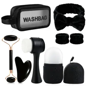 2/3/4/8pcs Facial Beauty Massage Cleansing Cleaning Tool Set, Includes Face Scraper, Roller Massager, Ice Pack, Dual-Sided Brush, Hair Tie, Wrist Strap, Bag