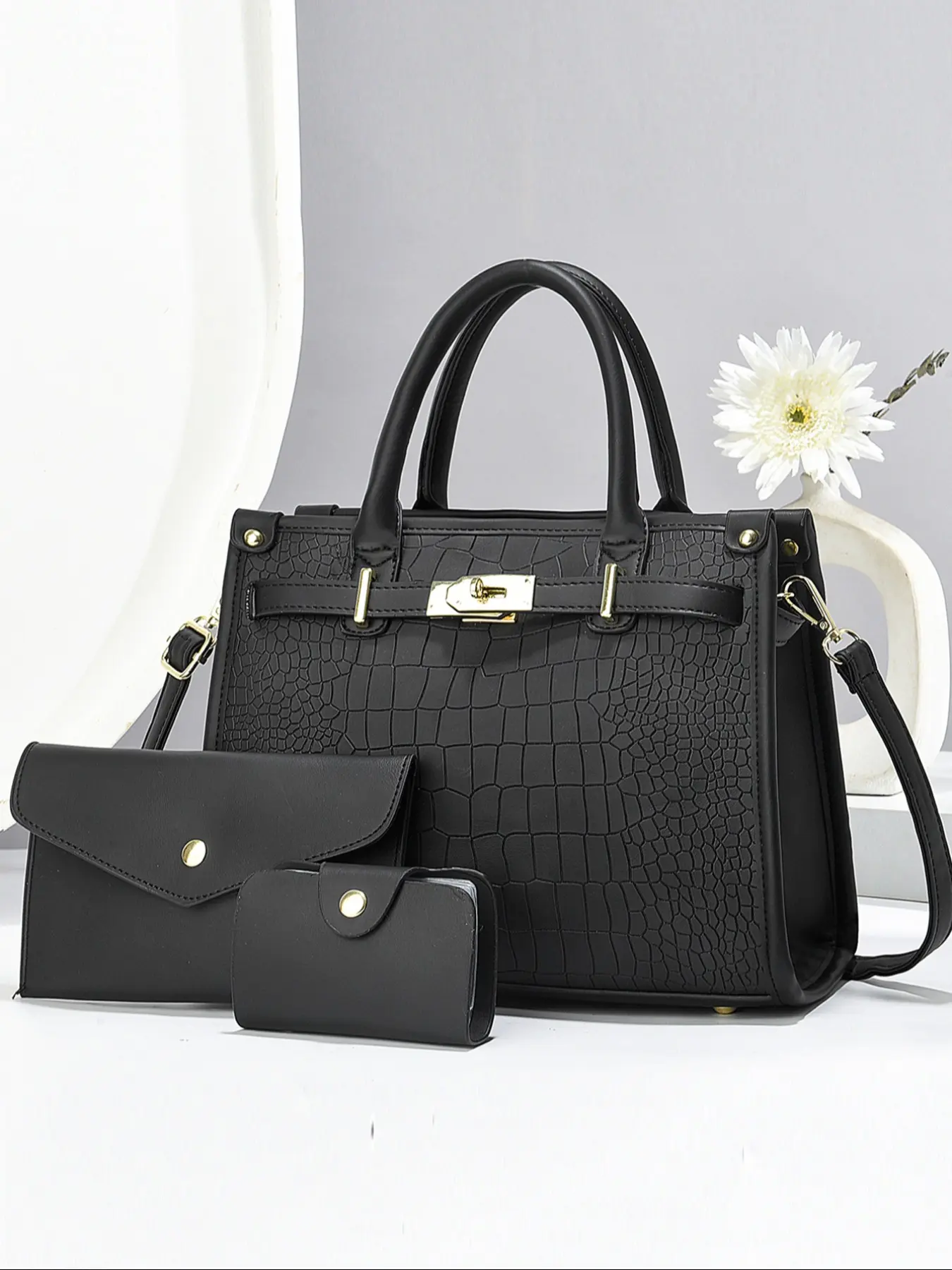 Women's Fashionable Crocodile Embossed Tote Bag & Wristlet & Coin Purse, Large Capacity Glossy Faux Leather Handbag with Shoulder Strap, Casual Versatile Bag Set for Daily Used