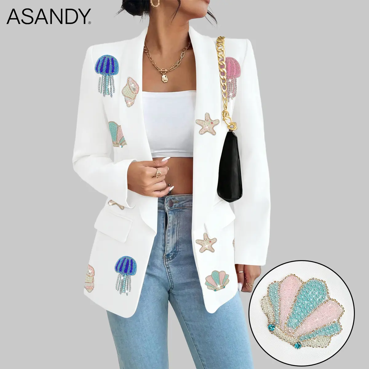 ASANDY Women's Cute Style Sparkly Ribbed Satin Coral Fit Ocean Theme Rhinestone Blazer - Jellyfish, Starfish, Shell Embellishments, Hoop Accents, Long Sleeve, Light Casual for Brunch, Vacation, Slip/Strappy Swimsuit Cover-Up Compatible, Dress, Lady