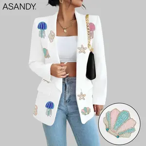 ASANDY White Ocean Theme Rhinestone Blazer - Jellyfish Starfish Shell Embellished Casual Blazer for Brunch Vacation Date Night