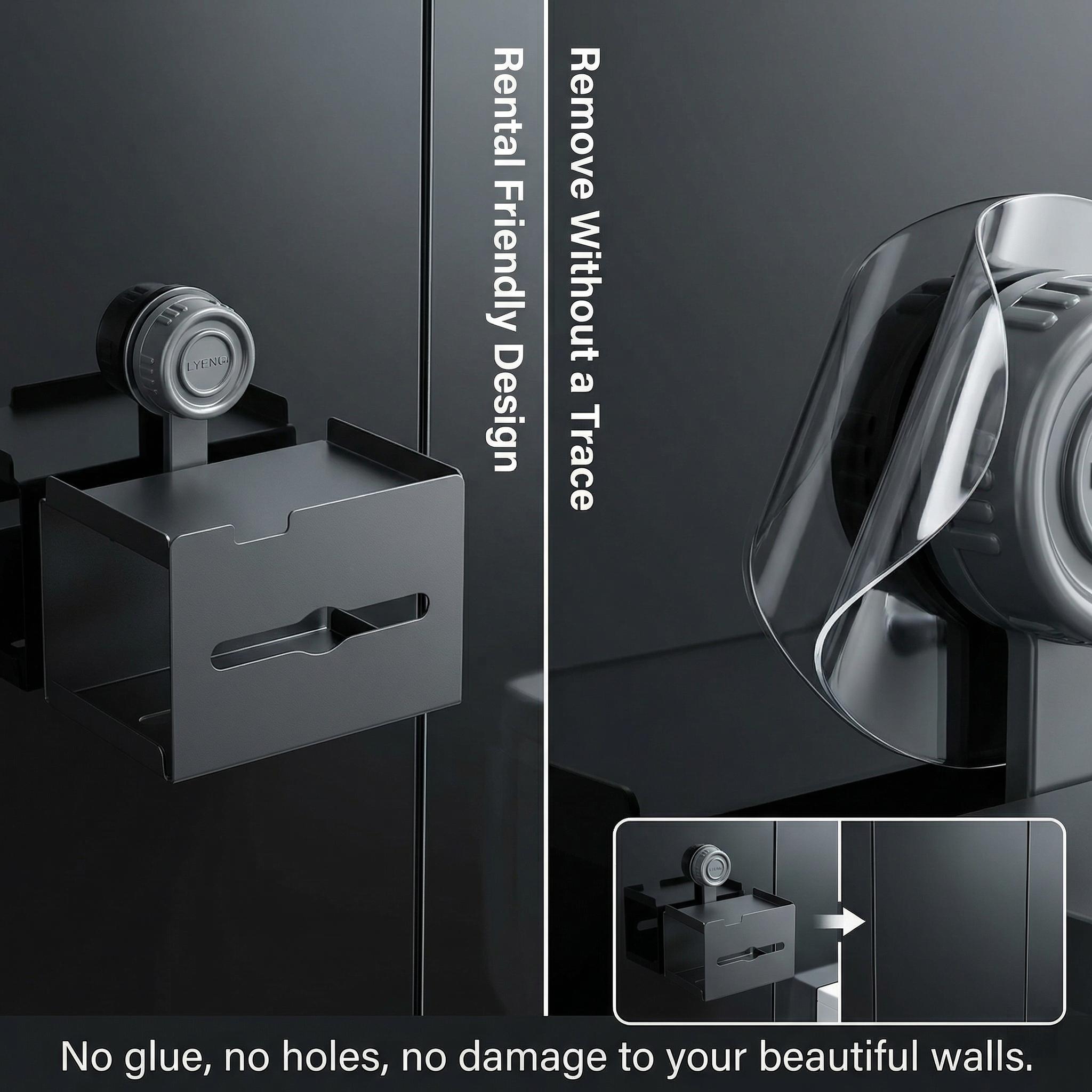 Suction Cup Toilet Paper Holder with Shelf, No Drill Bathroom Organizer, Heavy-Duty Vacuum Suction, Rustproof Space Aluminum, Matte Black Wall Mount Tissue Dispenser for Bathroom, RV, Rental Friendly