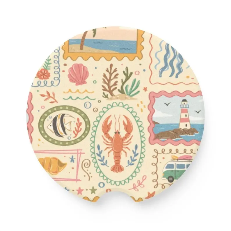 Nautical Seashells & Lobster Soapstone Car Coaster | Lighthouse Beach Pattern