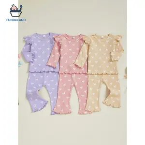 Baby Girl's 2-Piece Cute Fall Active Clothing Set - Waffle Knit Ruffle Long Sleeve Bow Print Sweatshirt Top, Matching Pants