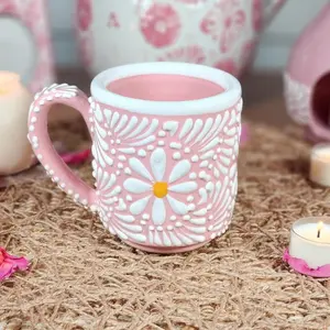 Talavera Original Daisy Mug 15oz Reusable Washable Pieces Handcrafted Ceramic Drinkware Made in Mexico kitchen home decor birthday gift for her Coffee Cup Handmade Christmas Reuse Tumbler