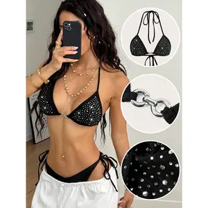 Women's Black Halter Micro Crop Top Rhinestone Knitted Camisole With Asymmetrical Hem For Night Out
