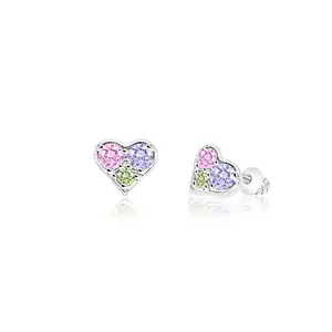 Heart Crystal White Gold Palladium Plating Hypoallergenic Kids Screwback Stud Earrings Surgical Titanium Posts