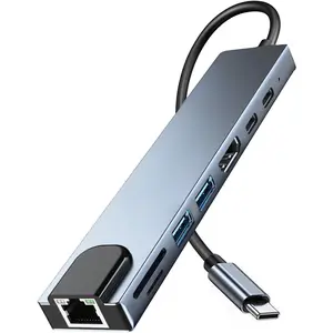 USB C Hub Ethernet HDMI Adapter, 8 in 1 Laptop Docking Station with 4K HDMI, RJ45 Ethernet 100Mbps, SD/TF Card Reader, USB 3.0/2.0, PD 100W, LAN USB C Dongle for MacBook Pro/Air, iPad Pro, XPS, etc