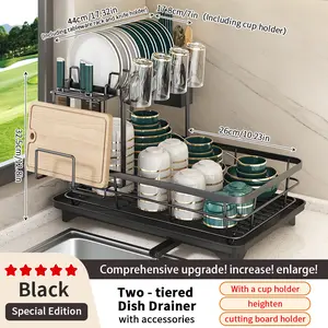 Double-layer metal carbon steel cutlery rack, perfect for kitchen countertops. Space-saving and durable, featuring a knife and fork holder, cup holder, cutting board holder, and draining board. Keep your kitchen neat and organized.