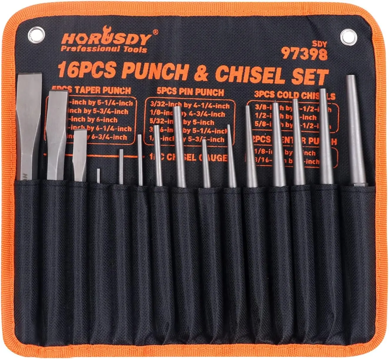 16-Piece Punch and Chisel Set, Including Taper, Cold Chisels, Pin, Center