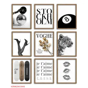 9-piece set, Stockholm-style trendy gallery wall art set, black-and-white luxury aesthetic posters, modern editorial-style leopard print lettering wall decor, suitable for bedrooms, apartments, and dorm rooms, frameless