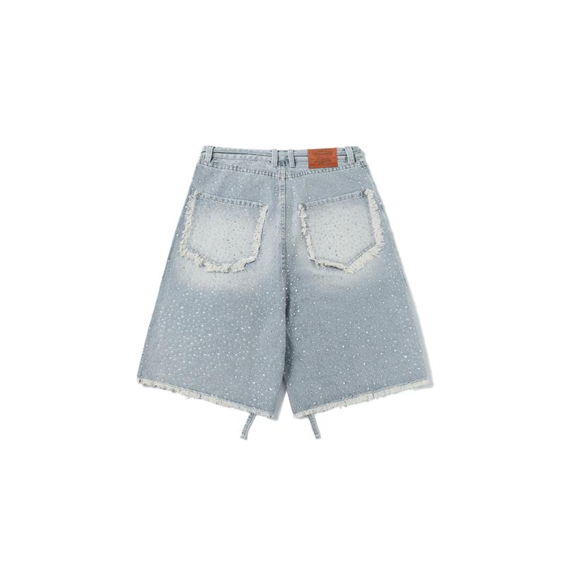 Aelfric Eden Rhinestone Application Loose Jorts Casual Soft Denim Jorts Wide Leg Streetwear Trendy Bottoms Baggy Jorts Summer Baggy Denim Shorts Wide Leg Loose Fit