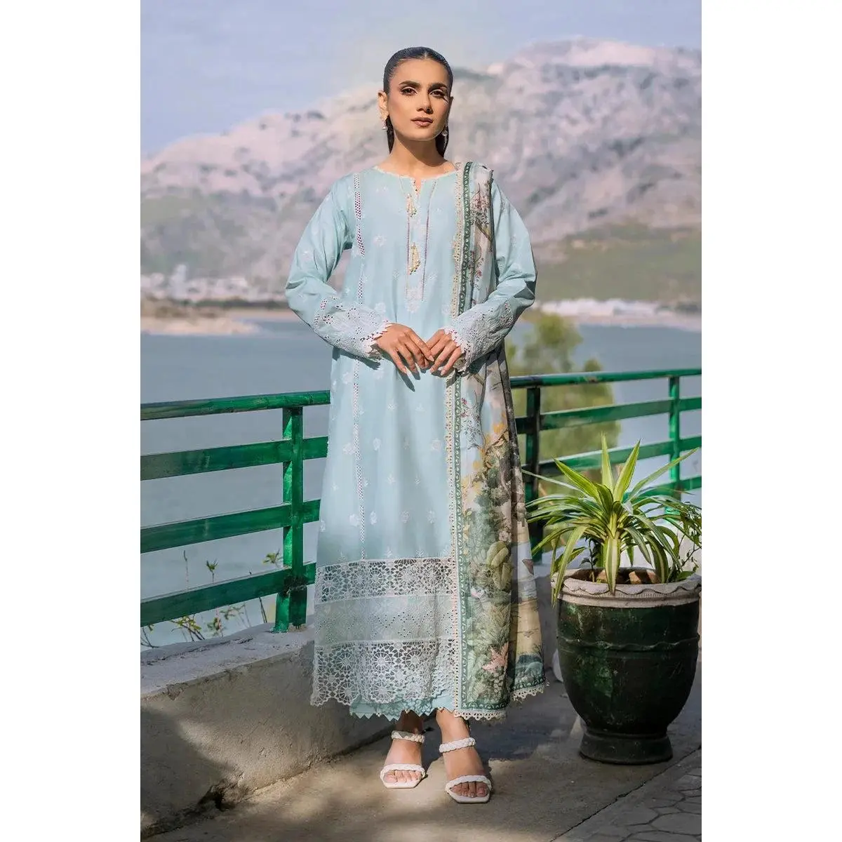 Women's Embroidered Lawn Suit, 3-Piece Outfit with Printed Chiffon Dupatta and Trouser, Breathable Shirt for Effortless Elegance, Lady, Chiffon Fabric, Suit Set, Clothes