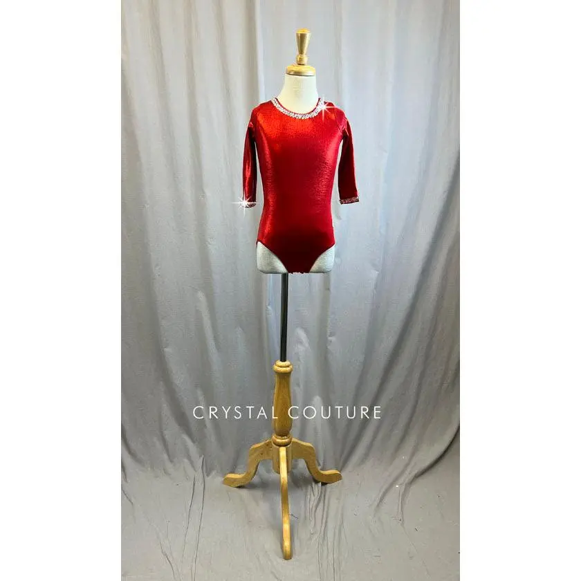 Metallic Red 3/4 Length Sleeve leotard -Rhinestones and Hair Piece