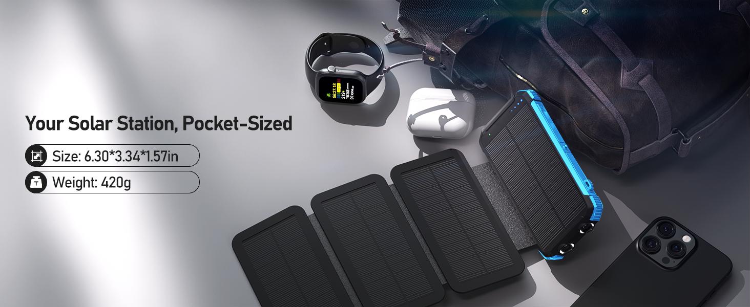 20000mAh Solar Power Bank with 4 Foldable Solar Panels, Built-in Wireless Charging, PD 15W Fast Charging, 3 Built-in Cables, 6 Charging Ports, Portable Solar Charger with Dual Flashlights and Carabiner, Compatible with All Mobile Devices