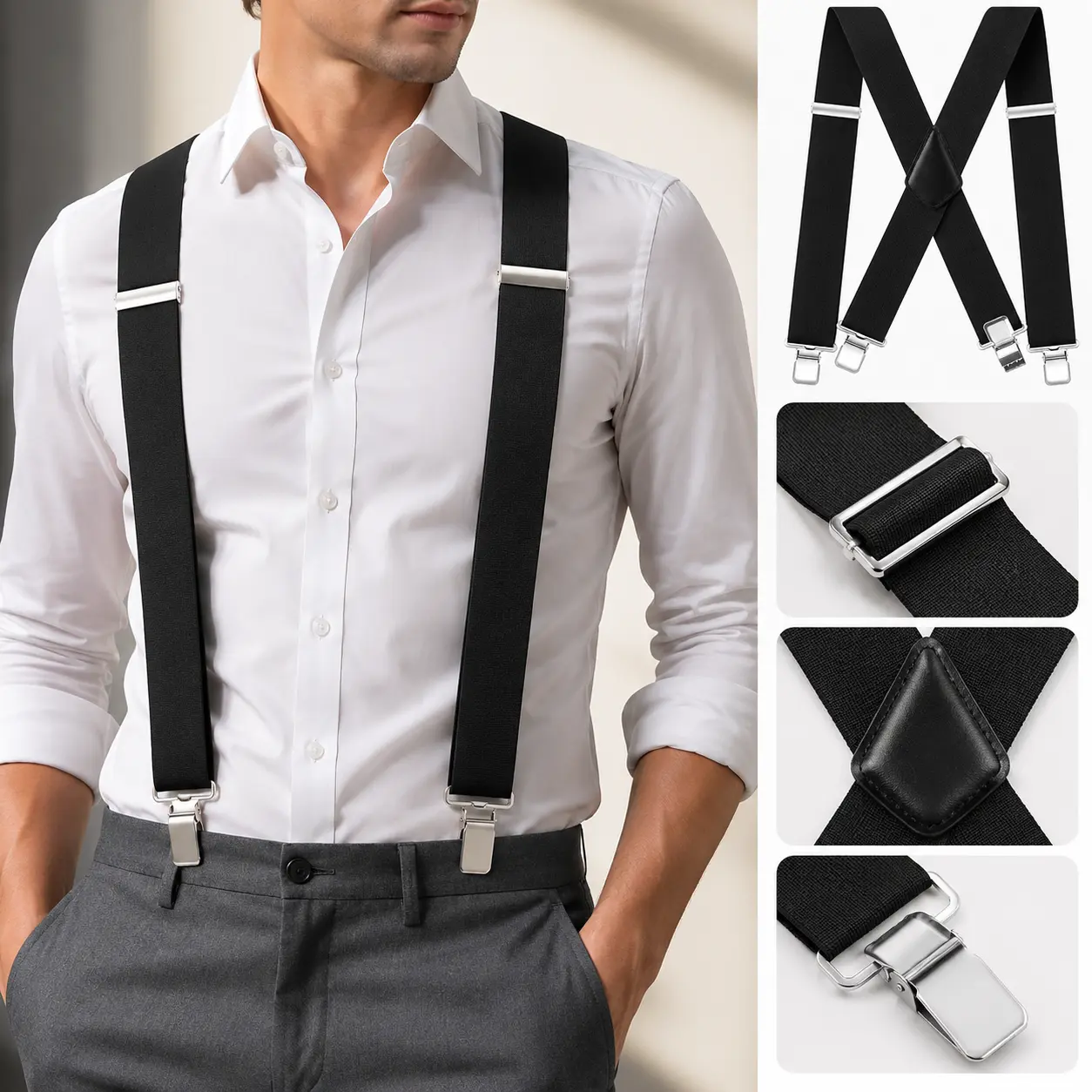 Men’s Heavy Duty Work Suspenders | 2-Inch Wide X-Back Elastic Adjustable Braces with Durable Clips