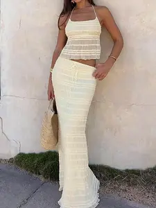 Women's Solid Halter Backless Top & Skirt Two-piece Set, Casual Fashion Cozy Two Piece Outfits for Daily Outdoor Wear, Ladies Clothes for Summer, Womenswear