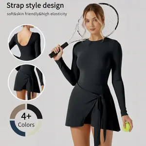 Women's Solid Color High Neck Tennis Dress Long Sleeve Wrap Skirt Built-in Shorts Golf Athletic Outfit Casual Sportswear Summer Comfort Collar Gym Workout Athletic Running Yoga Machine Washable 92% Nylon 8% Elastane