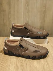 Men's Summer Breathable Hollow Out Casual Shoes, Slip-On Zipper Loafers, Non-Slip Soft Sole Driving Shoes
