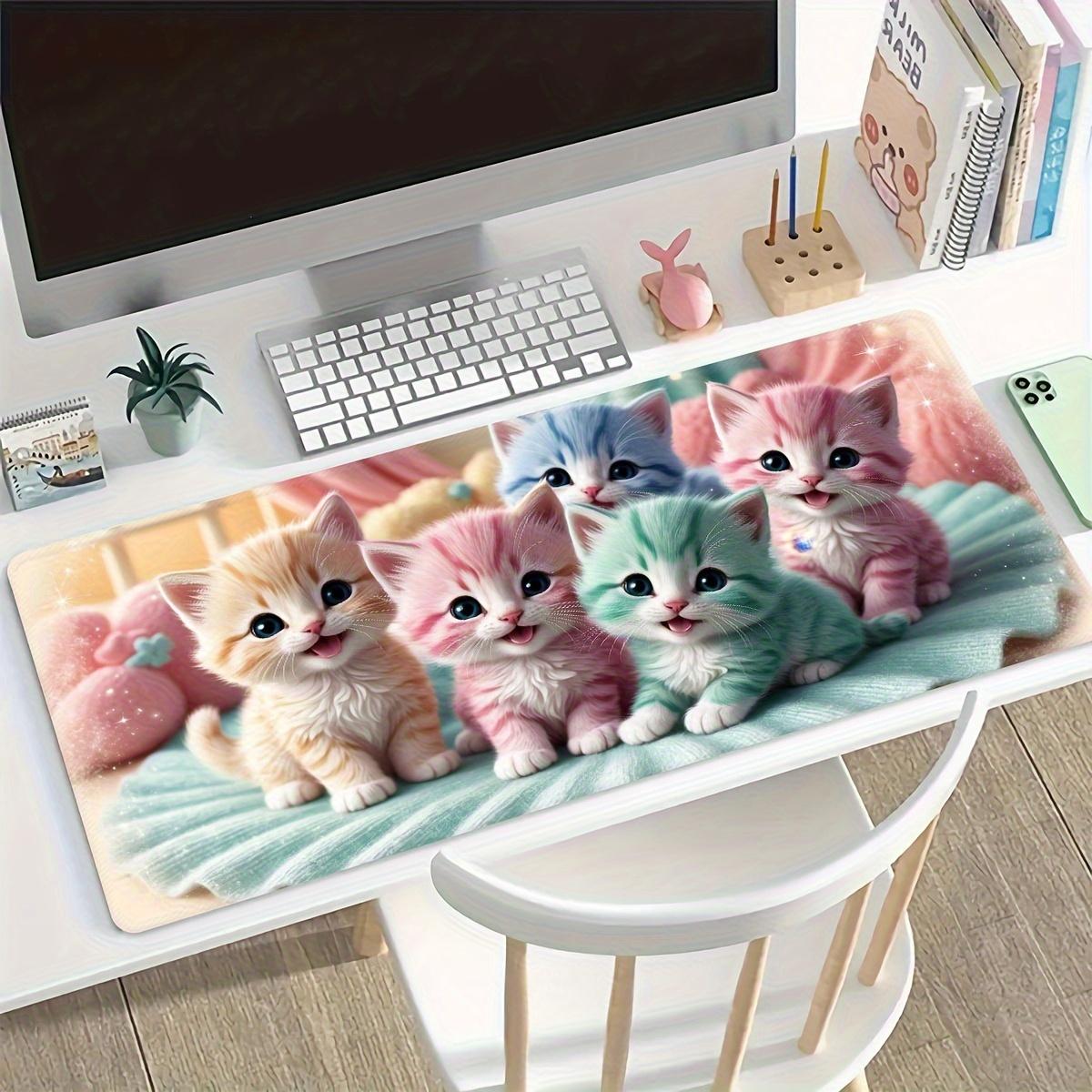 Colorful Kittens Large Gaming Mouse Pad & Desk Mat - Oversized Extended Thickened Non-Slip Rubber Base with Precision Hemming, Washable Cute Cartoon Kitten Design for Office & Gaming Setup, Rectangular Desk Accessory Gift