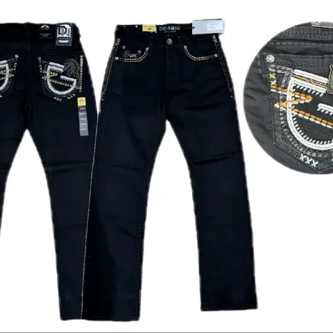 Men's Denim Jeans Cowboy Western Aztec Style Slim Straight Aztec Embroidery Menswear Pants