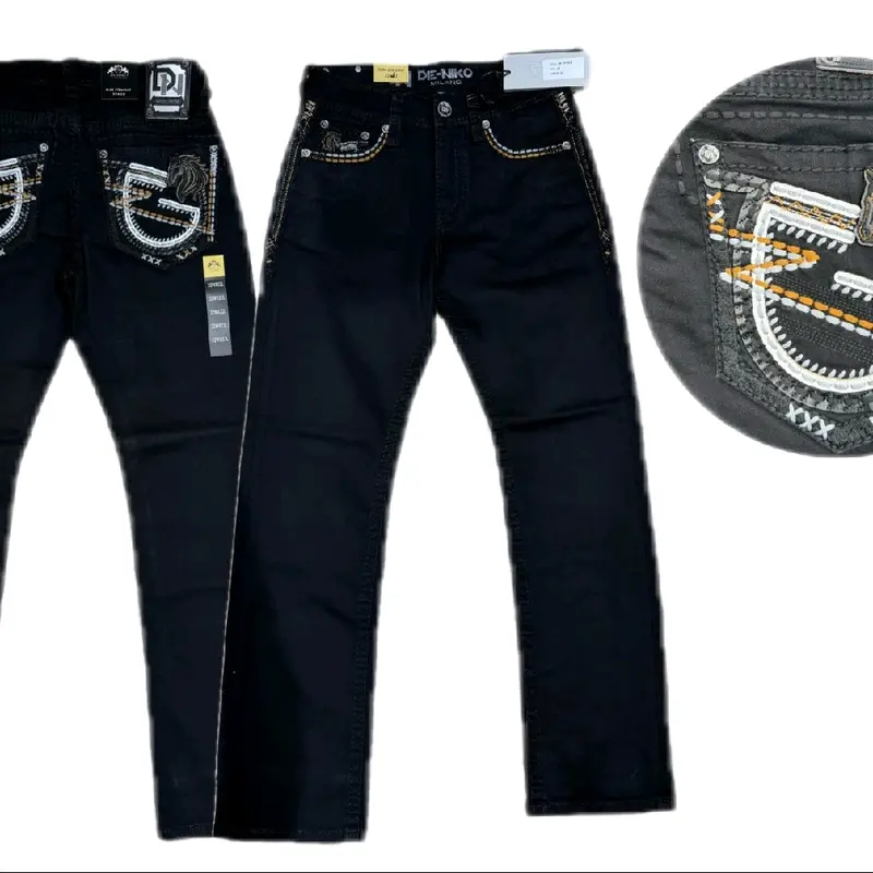 Men's Denim Jeans Cowboy Western Aztec Style Slim Straight Aztec Embroidery Menswear Pants