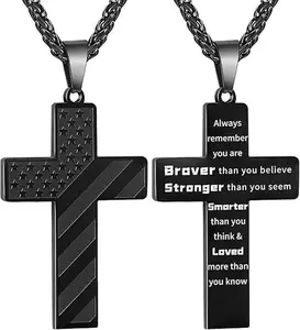 (Double-sided pattern design) 24 Inch Cross Necklace Bible Verse Stainless Steel American Flag Pendant Chain for Men Boys Jewelry Gift