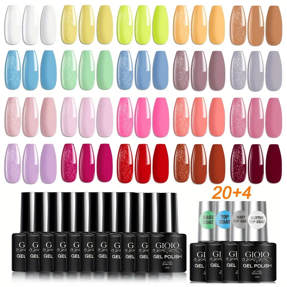 24 PCS Gel Nail Polish Set Including 20 Vibrant Colors Nail Gel Polish And Base Coat Glossy Top Matt Glitter Effect Top Coat Gel Polish Nails Gift For Women Nail Art Matte Top Coat