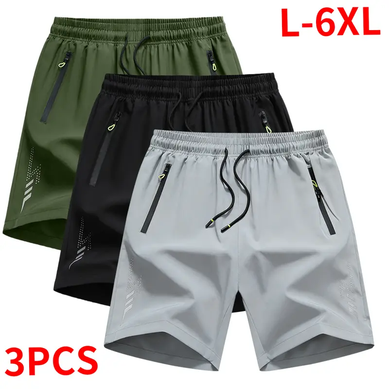 Men's Plus Size 3-Pack Activewear Shorts Set - Athletic Gym Fitness Shorts for Larger Men, Mid-Waist, Adjustable Drawstring, Polyester, Lightweight, Knee-Length, Loose Fit, Zip Pockets, Workout Summer Casual Wear, Athletic Gym Shorts
