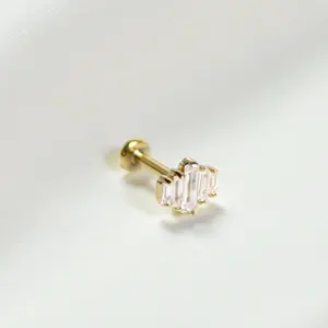 14K Gold Baguette Cz Flat Back Stud Earrings for Nose Cartilage Labret Helix Daith Conch Piercing Studs