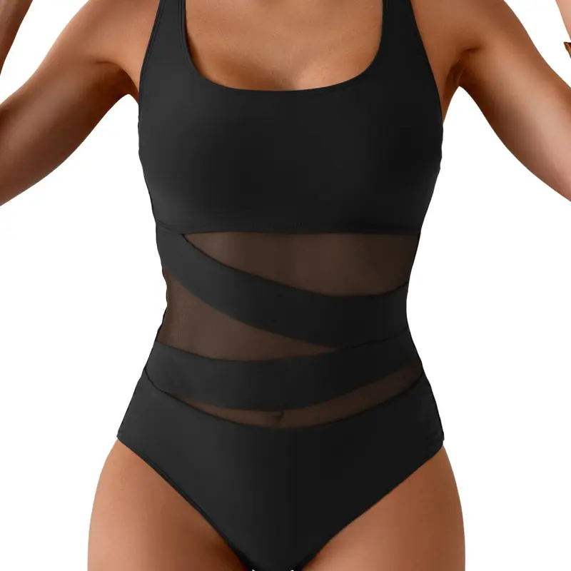 B2prity Women's Tight 1-Piece Mesh Accents Swimsuit - Tummy Control, Push Up with Removable Pads, Smooth Elastic, Breathable, Comfy Wear, Adjustable Stylish Fitted Beach Swimwear for Cruise Getaway (Hand Wash Only)