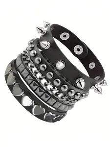 Gothic Rivet Fashion Y2K Layered Bracelet Set, Stackable Bracelets, Unisex Daily Party Performance Wristbands, Couple Bracelets for Christmas Valentine's Day