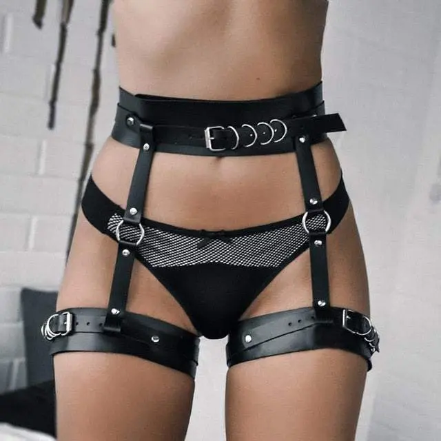 Leather Elegance: Waist and Leg Ring Garter Belt Fusion