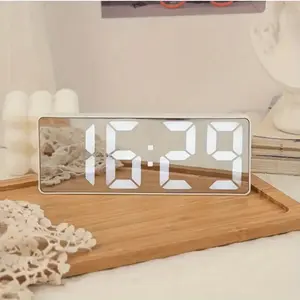 Mini Size Mirror LED Clock Simplicity Colorful Alarm Clocks Ultra Portable Travel Bedroom Bedside Clock 12/24H Display 6.3inches Large Display LED Digital Snooze Time Date Temperature Memory 3 Brightness Adjustable USB/Battery Powered Living Office Desk